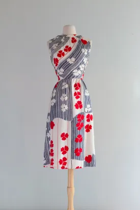 Chic 1960's Red White & BLue Silk Abstract Floral Print Dress / ML