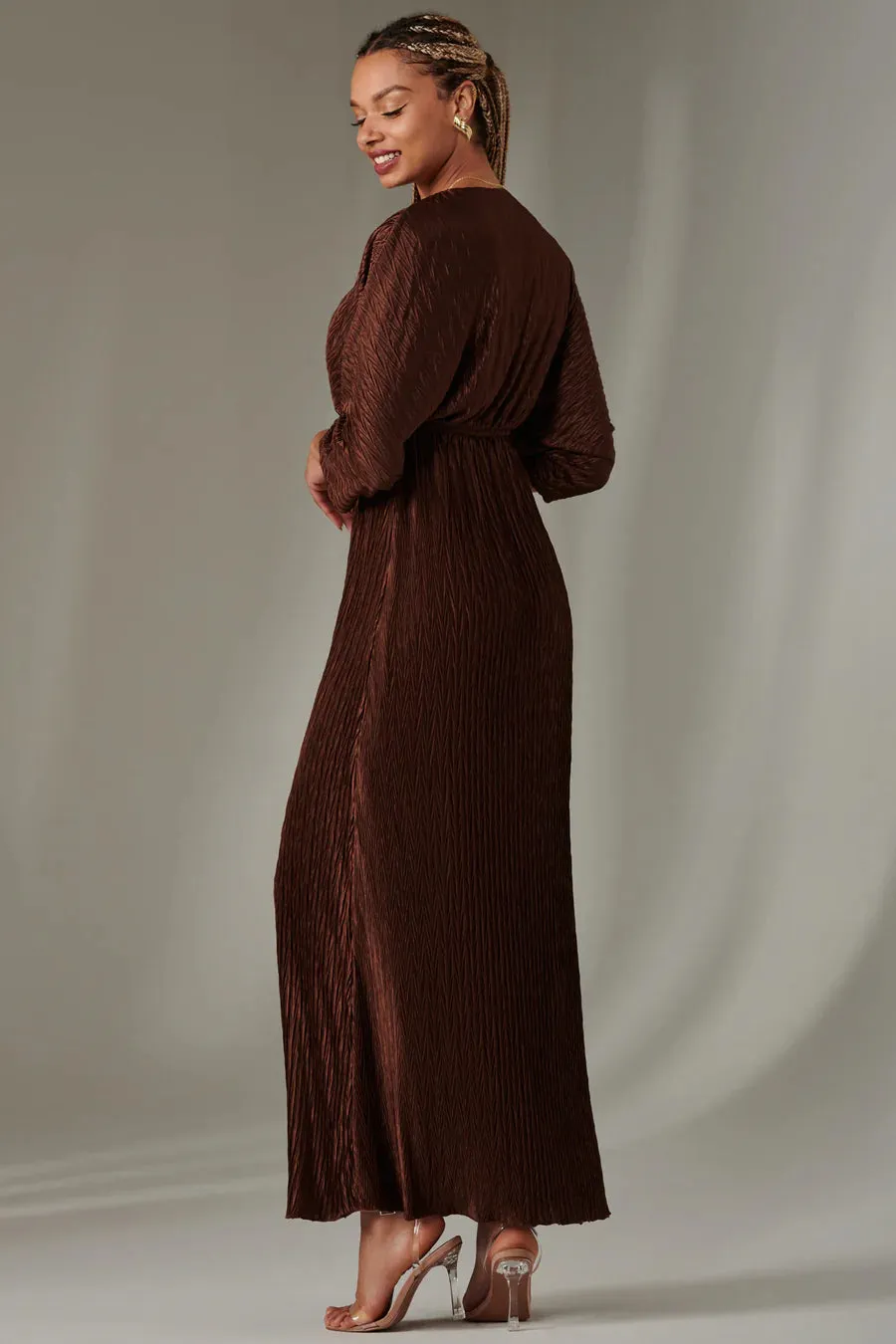 Chocolate Ruffle Hem Chiffon Maxi Dress