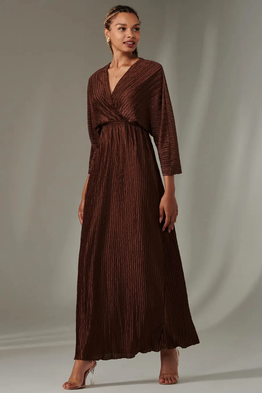 Chocolate Ruffle Hem Chiffon Maxi Dress