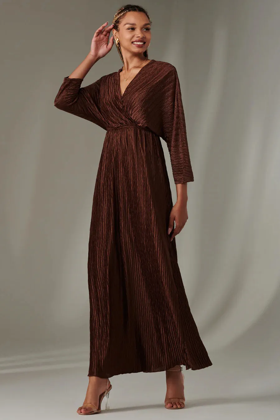 Chocolate Ruffle Hem Chiffon Maxi Dress