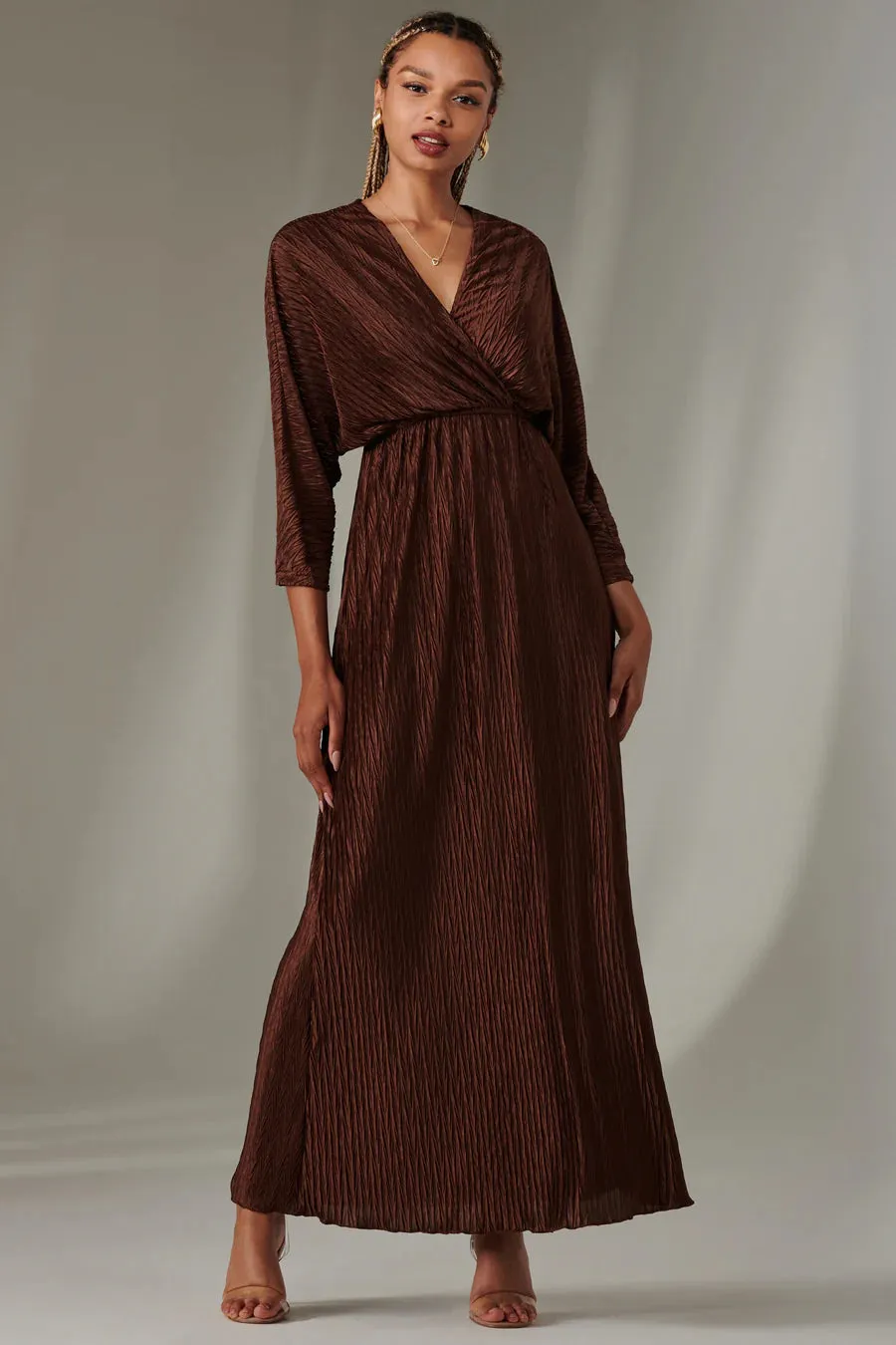 Chocolate Ruffle Hem Chiffon Maxi Dress