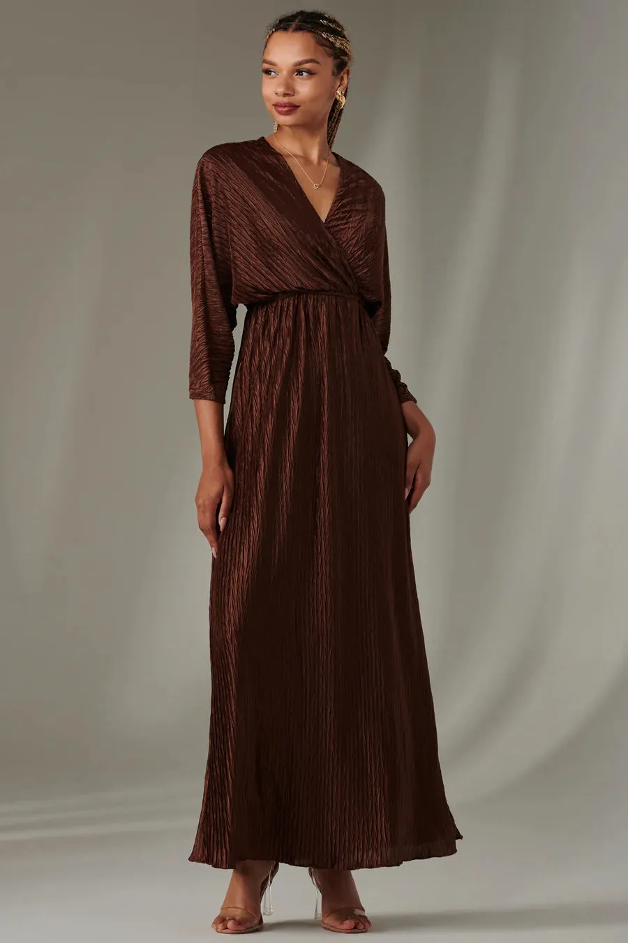 Chocolate Ruffle Hem Chiffon Maxi Dress