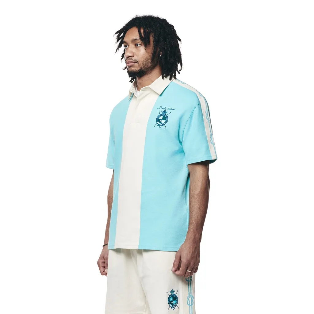 Crest Embroidered Striped Waffle Rugby Shirt - Paradise Blue