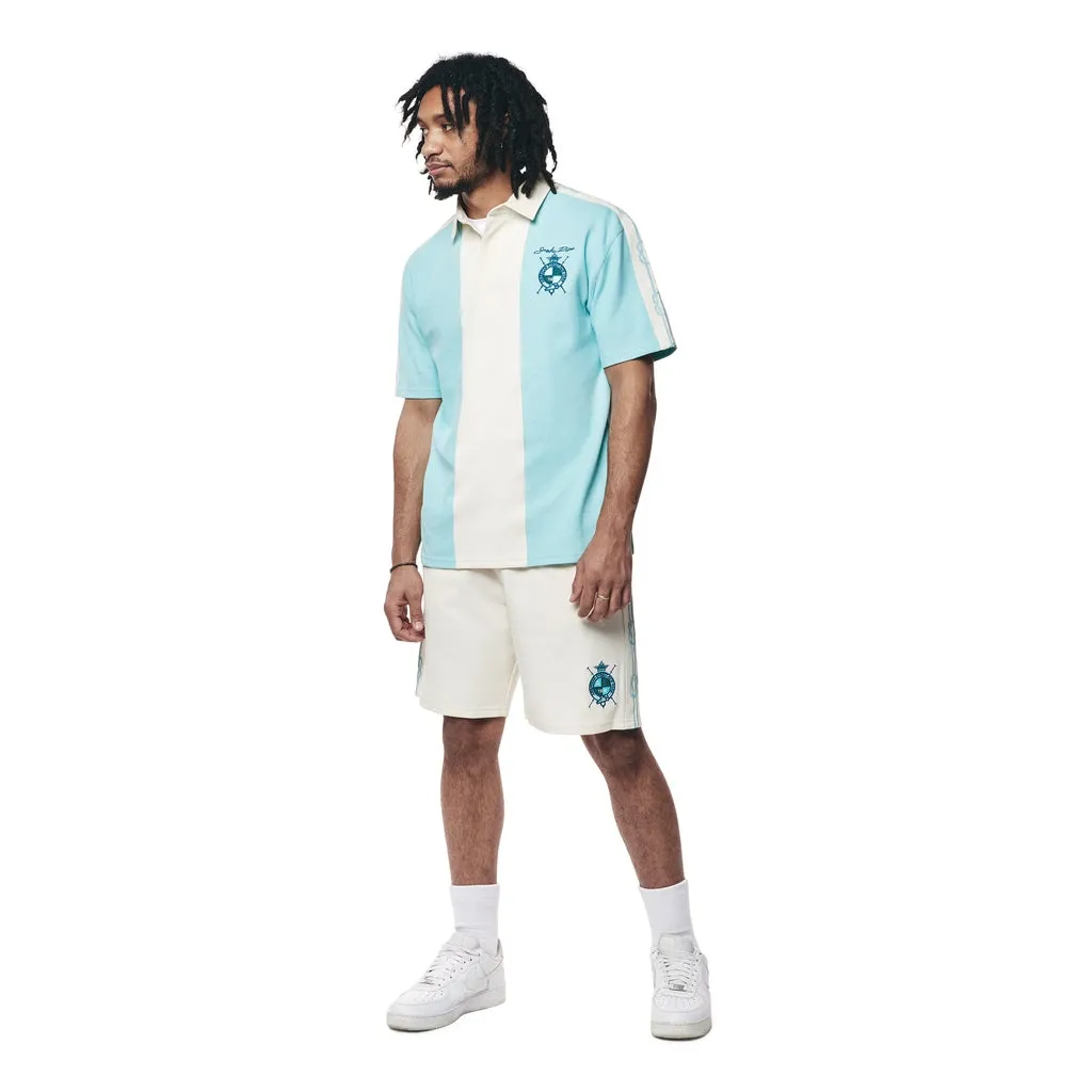 Crest Embroidered Striped Waffle Rugby Shirt - Paradise Blue