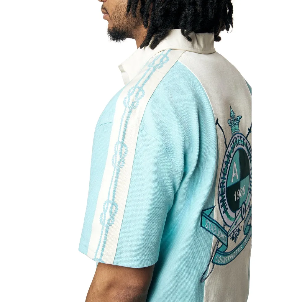 Crest Embroidered Striped Waffle Rugby Shirt - Paradise Blue