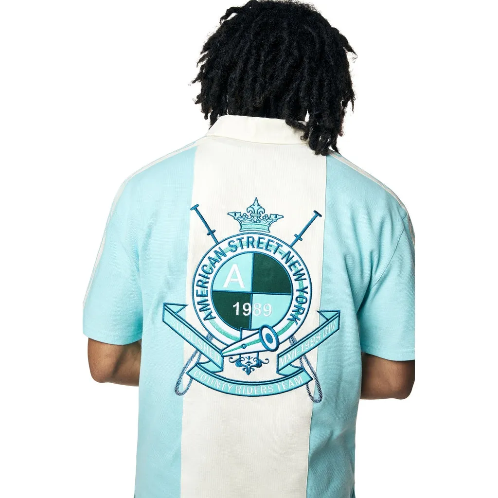 Crest Embroidered Striped Waffle Rugby Shirt - Paradise Blue