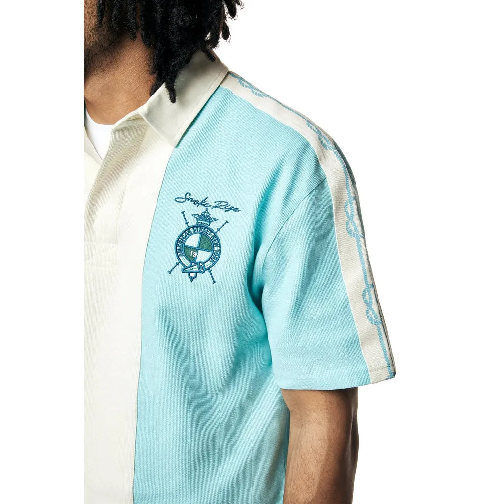 Crest Embroidered Striped Waffle Rugby Shirt - Paradise Blue