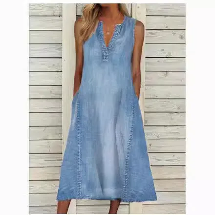 DEANWANGKT AliExpress Wish  European American Summer New Solid Color Sleeveless V-neck Casual Denim Dress