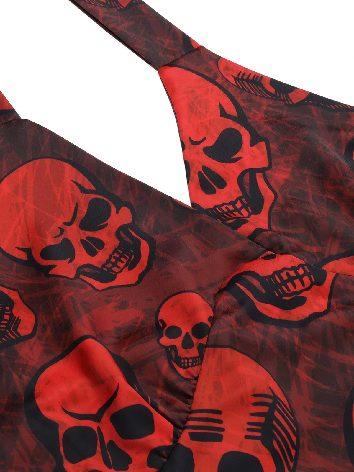 Deep Red 1960s Halloween Skull Halter Dress