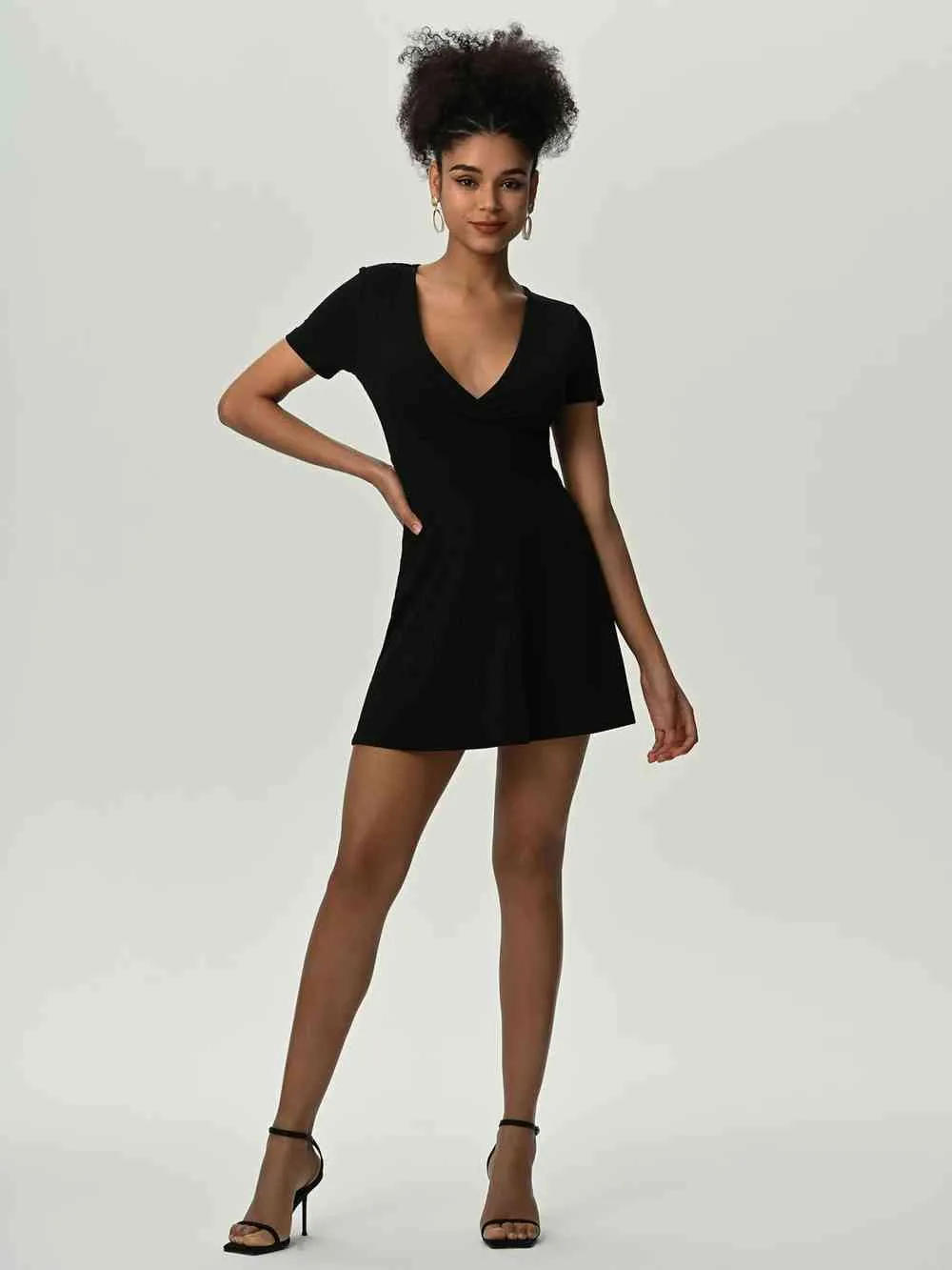 Deep V Short Sleeve Mini Dress