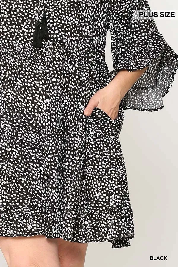 Dot Print Tiered Ruffle Sleeve Dress With Pockets