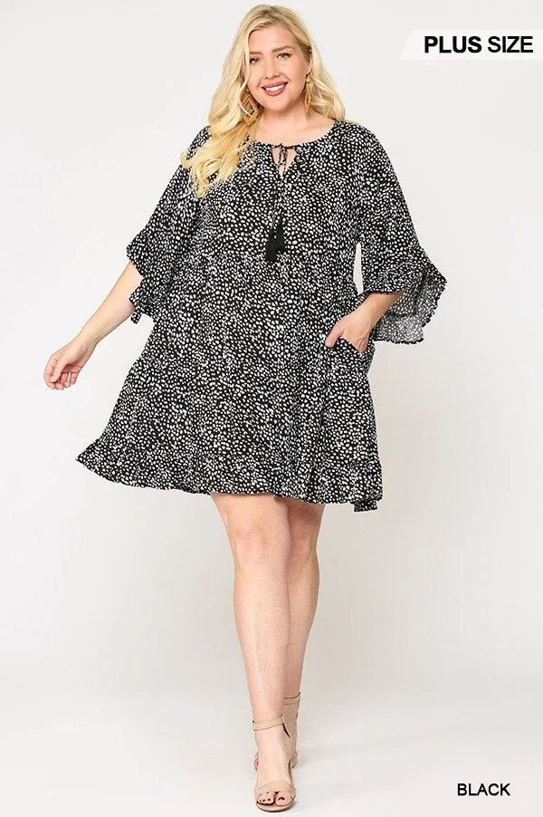 Dot Print Tiered Ruffle Sleeve Dress With Pockets