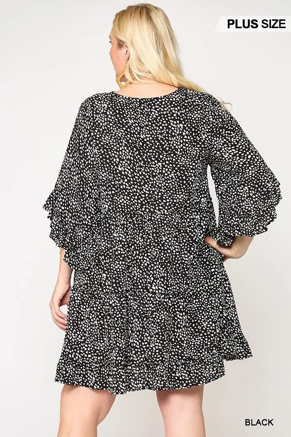 Dot Print Tiered Ruffle Sleeve Dress With Pockets