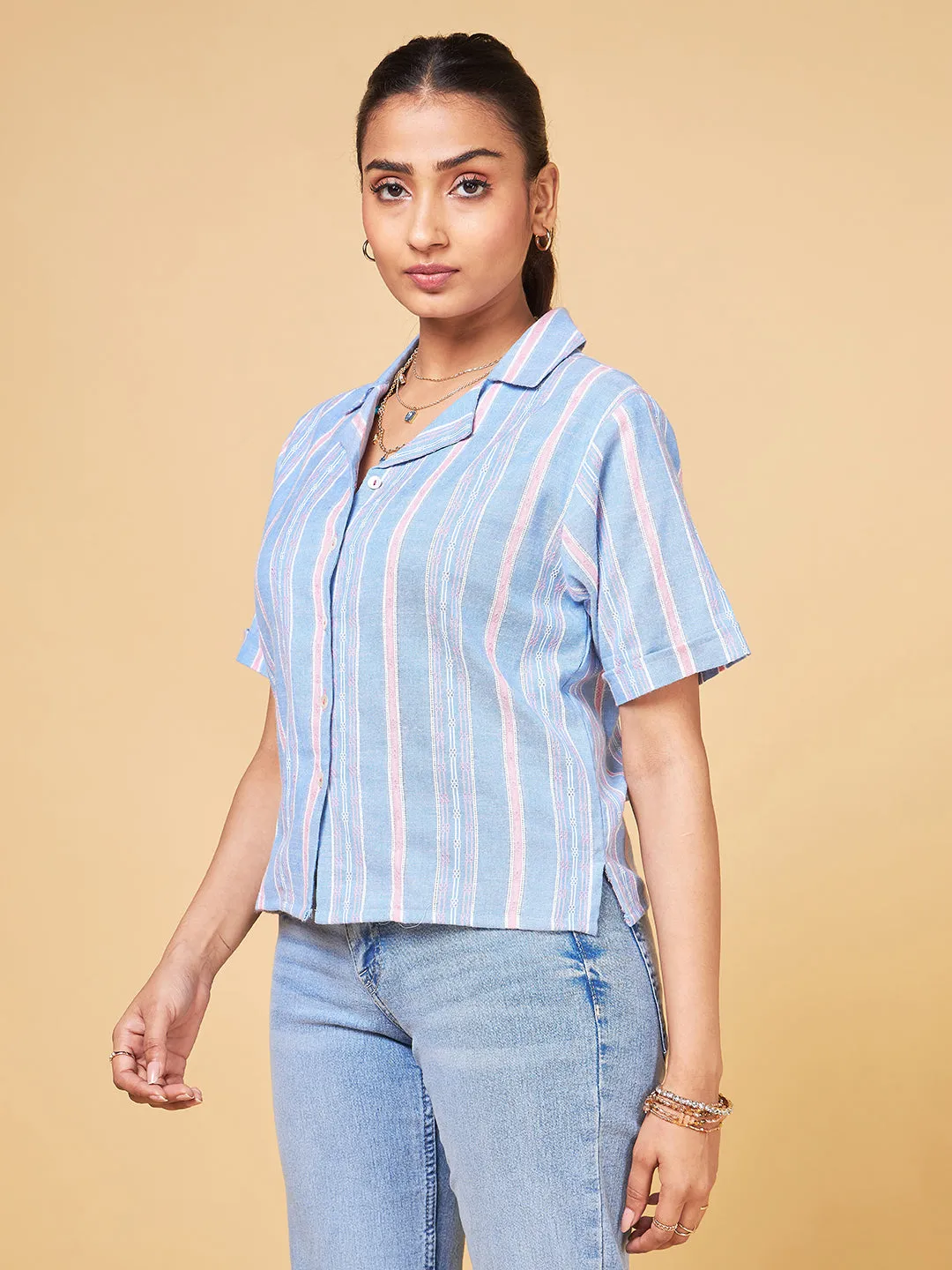 Echoes of Bliss Blue Striped Yarn Dyed Shirt