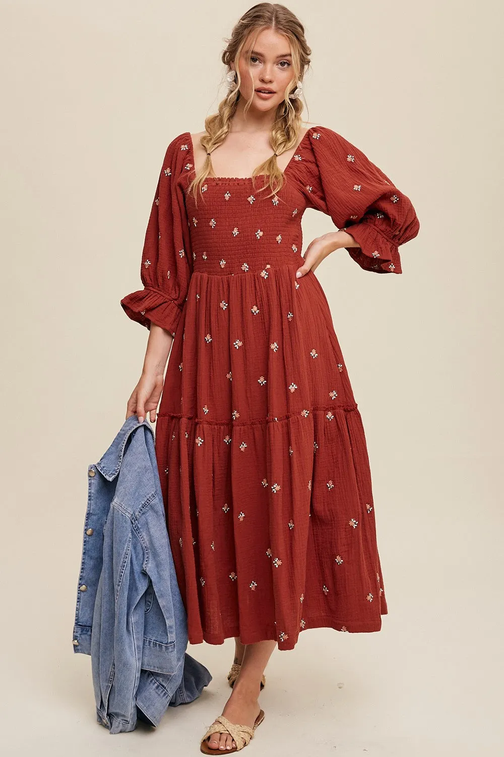 Embroidered Floral Smocked Midi Dress in Brick