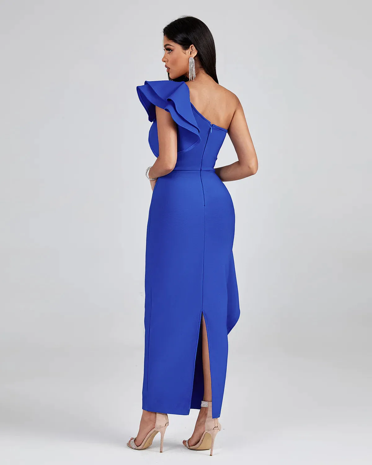 FABRIZIA One Shoulder Ruffle Bandage Maxi Dress