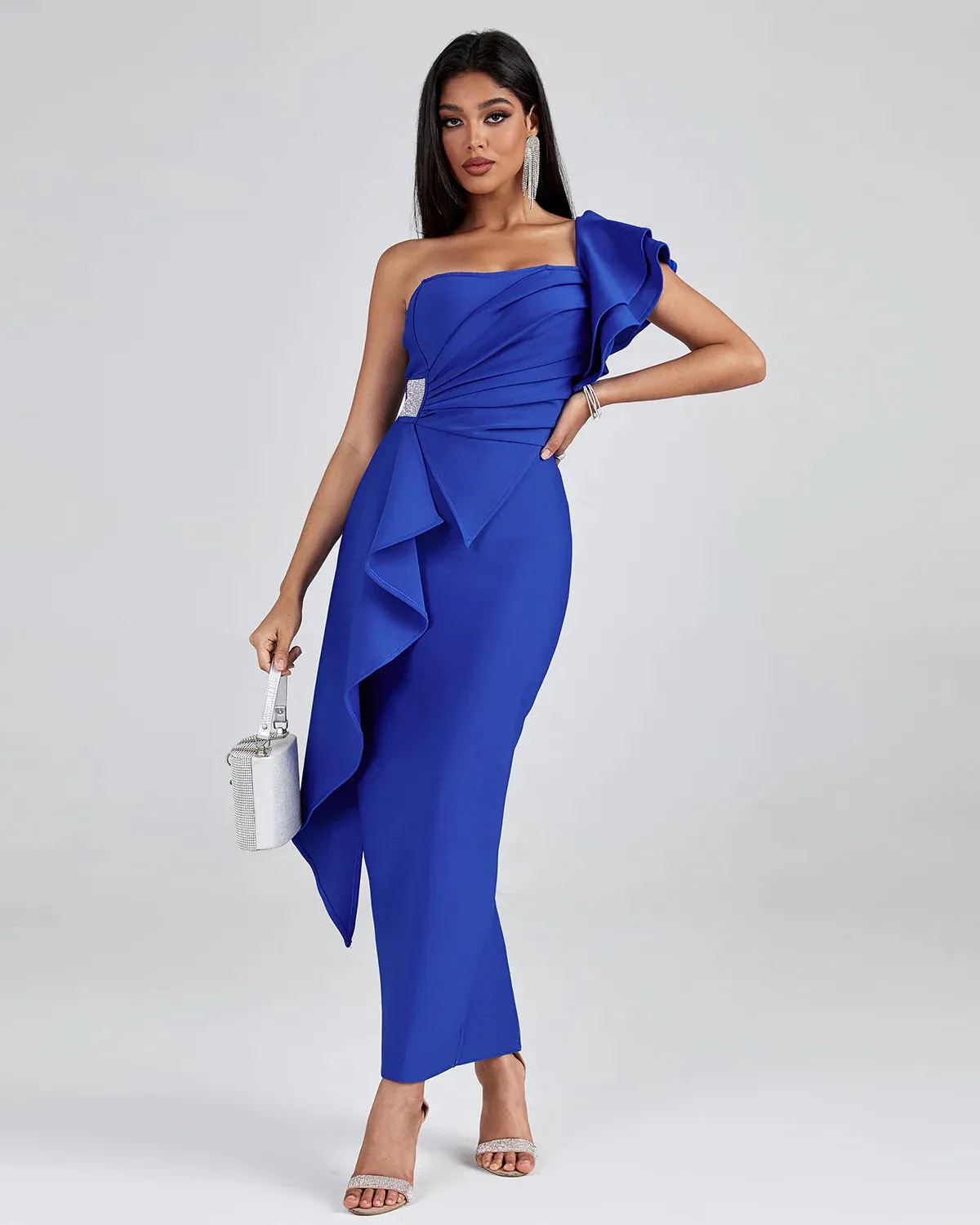 FABRIZIA One Shoulder Ruffle Bandage Maxi Dress