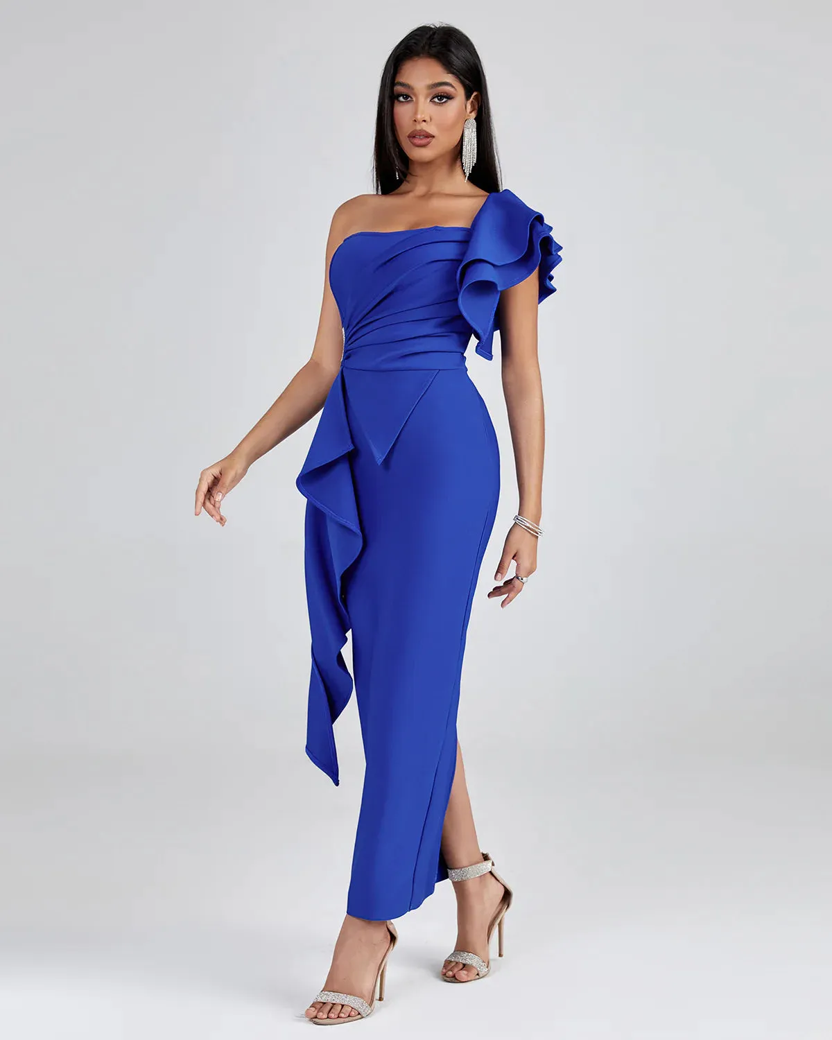 FABRIZIA One Shoulder Ruffle Bandage Maxi Dress