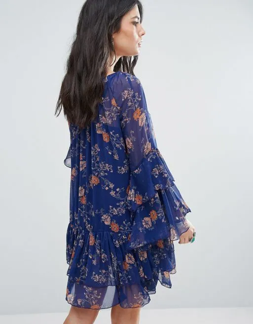 Free People Women's Floral Frill Tiered Swing Mini Dress, Blue, S