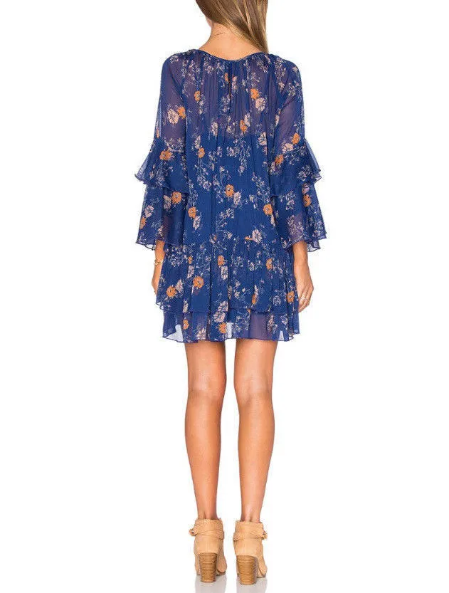 Free People Women's Floral Frill Tiered Swing Mini Dress, Blue, S