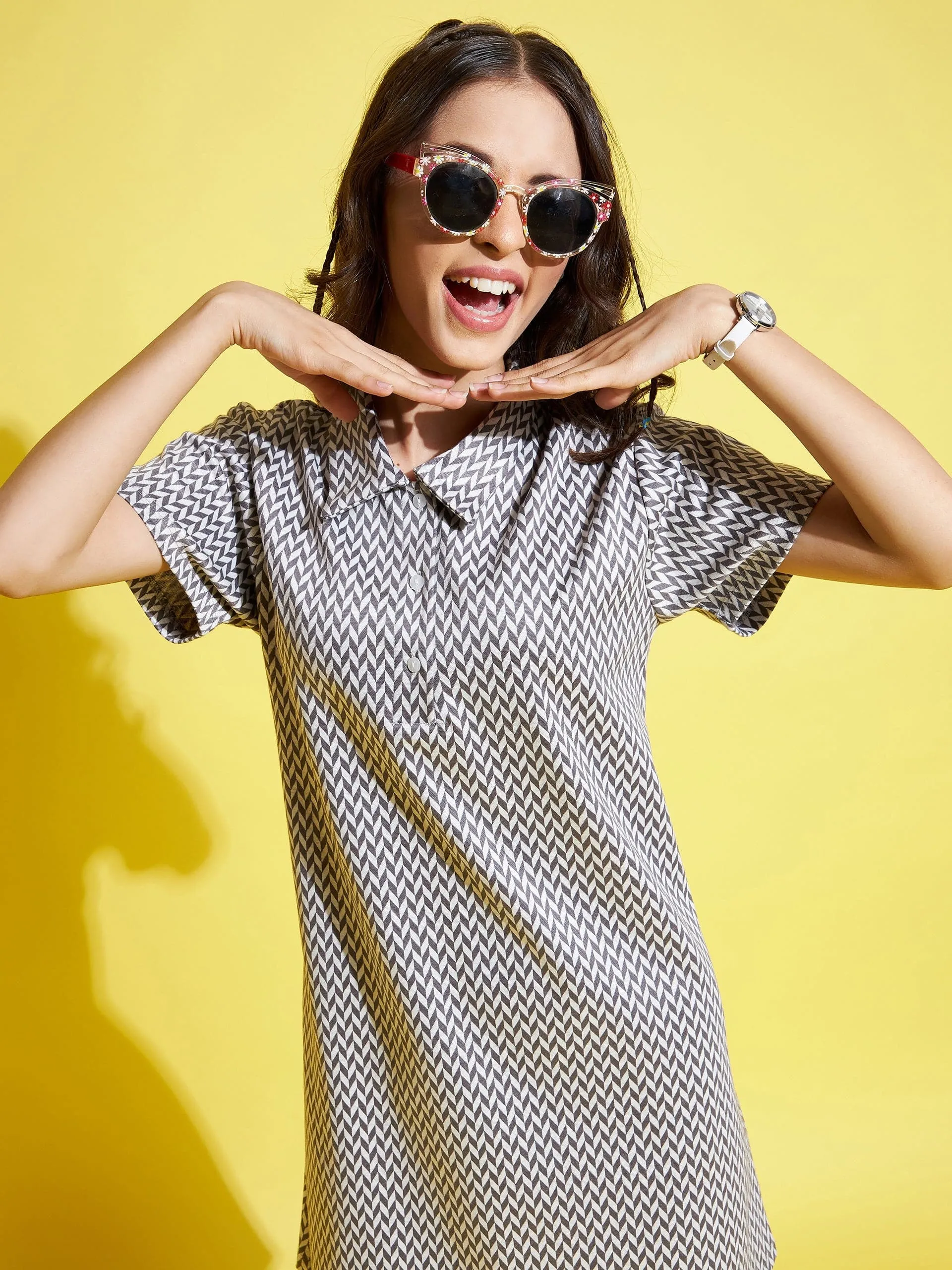 Girls White & Grey Herringbone Polo Neck Dress