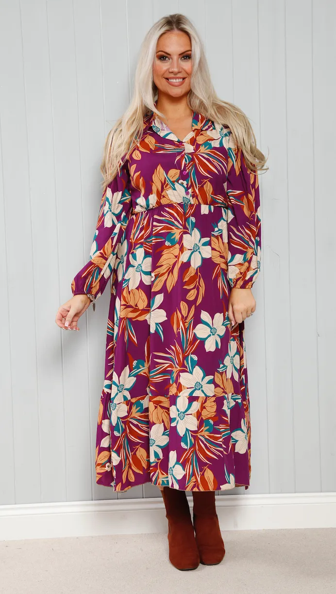 Goose Island 3947 Large Flower Print Button Maxi Dress (3 Colours)