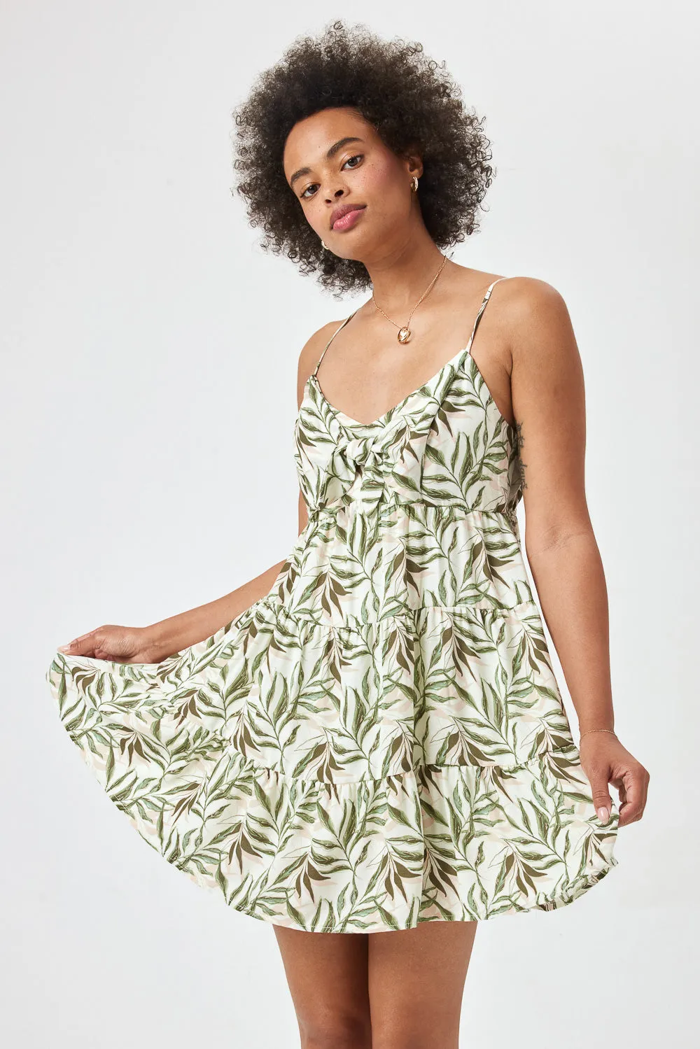 Ivory Green Floral Tie Front Dress