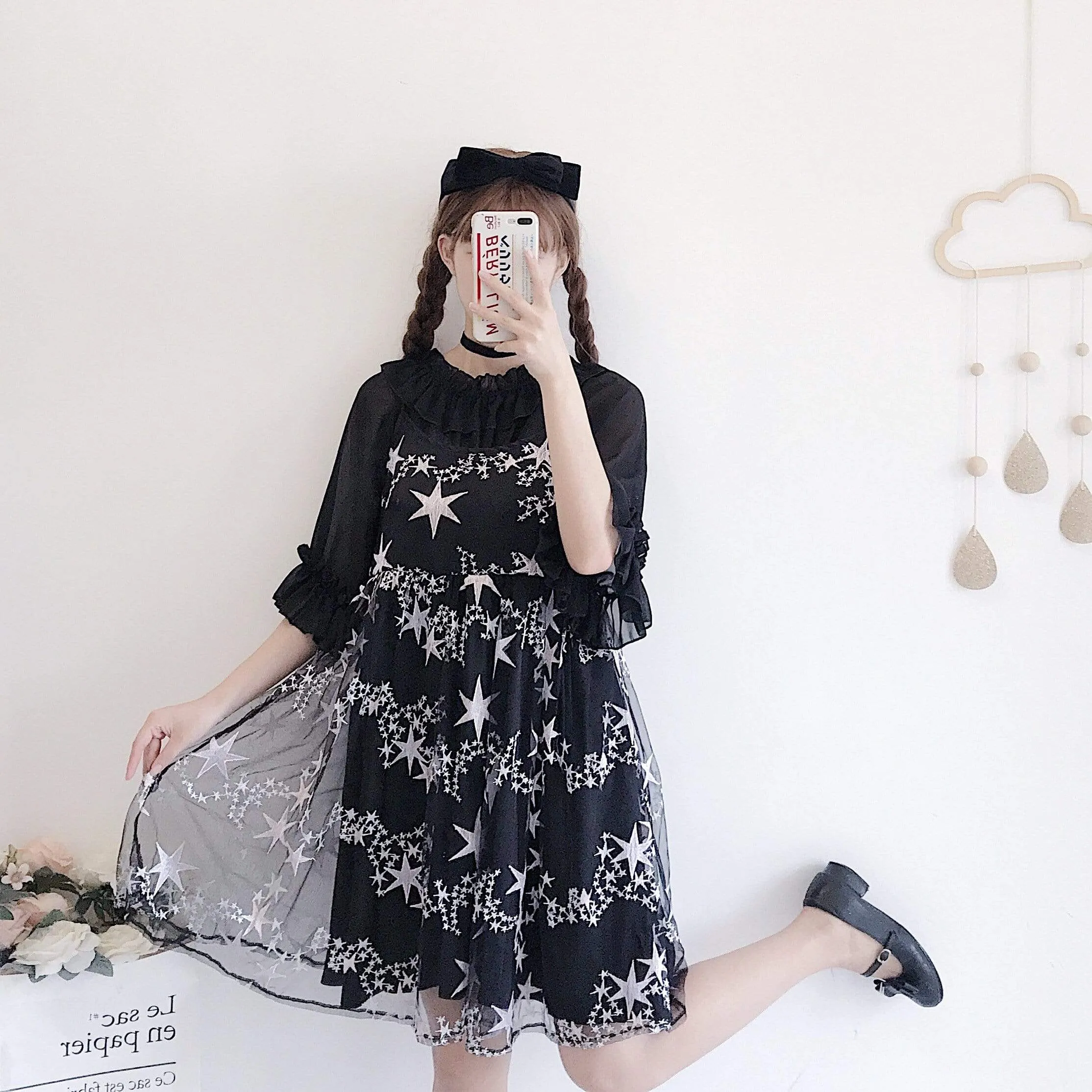 Kawaii Star Embroideried Two-layer Mesh Dress