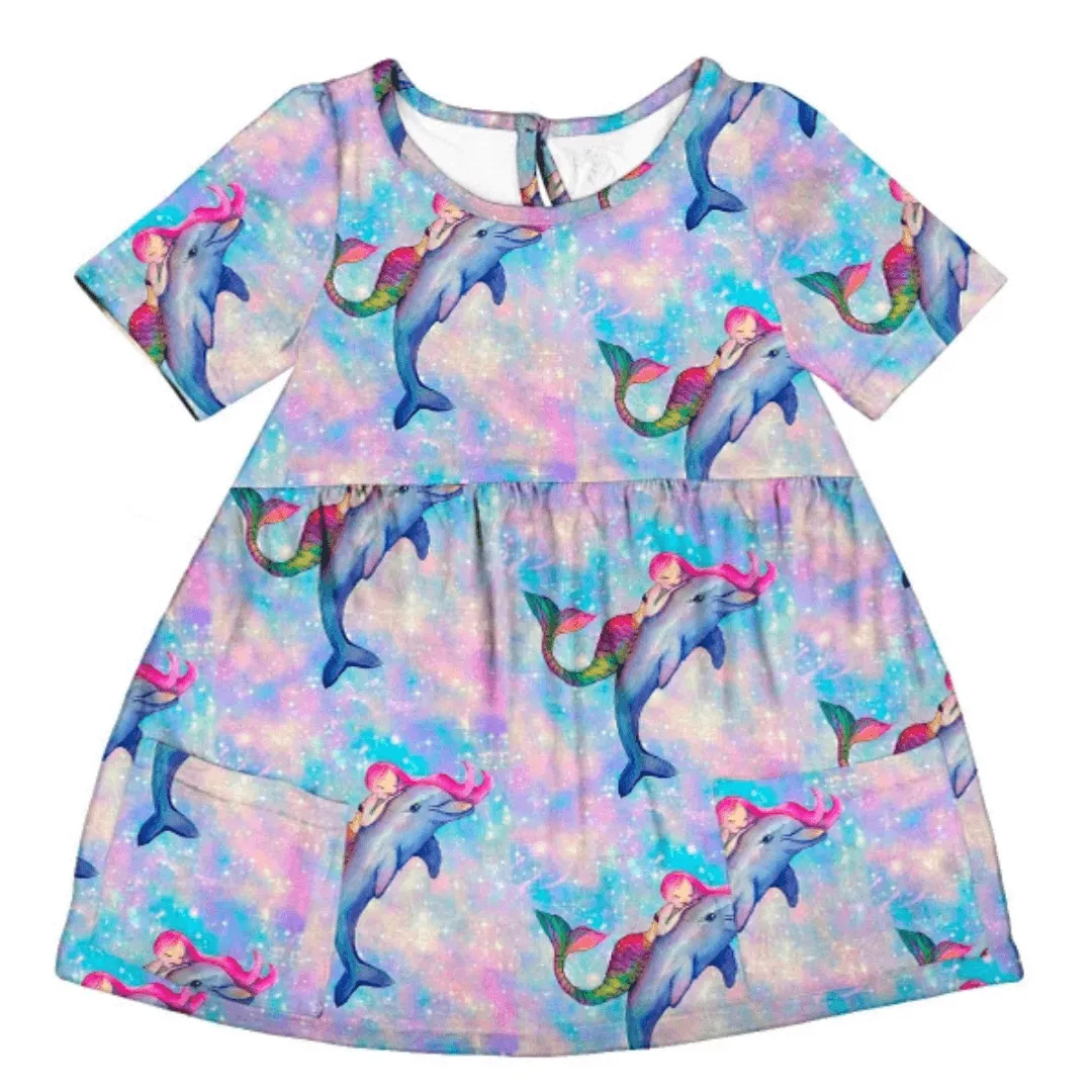 Mermaid and Dolphin Short Sleeve Pocket Dress