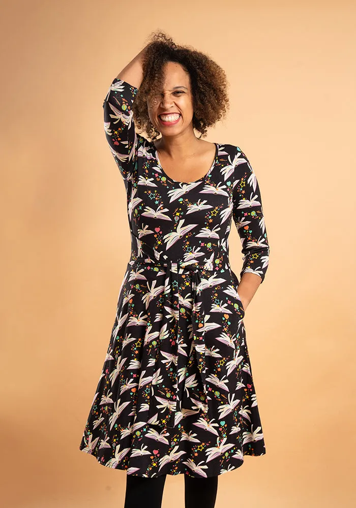 Merril Book Print Tie Waist Viscose Dress