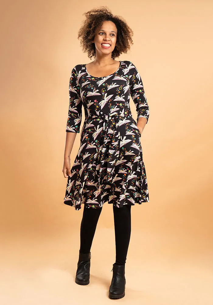 Merril Book Print Tie Waist Viscose Dress