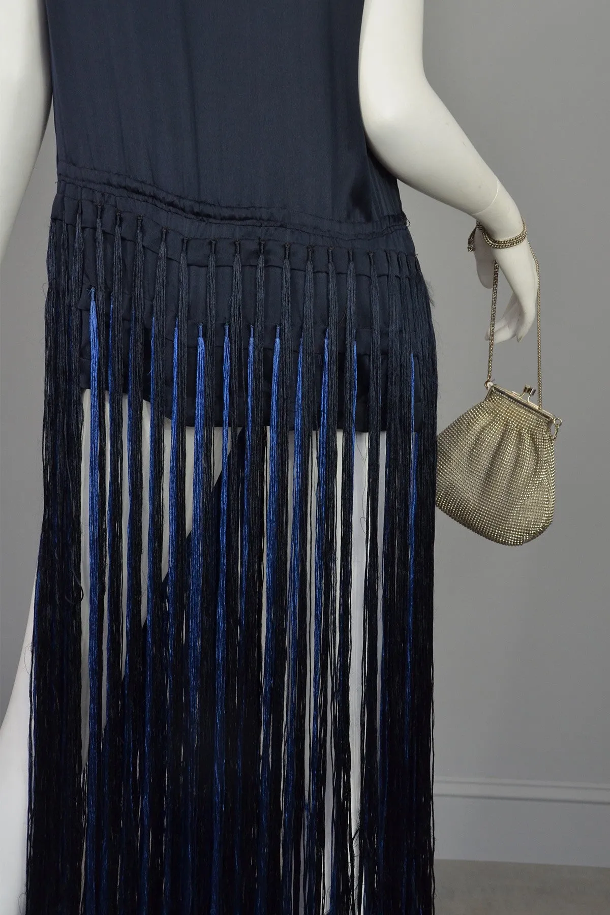 Navy Blue Satin Fringe Flapper Tunic Dress