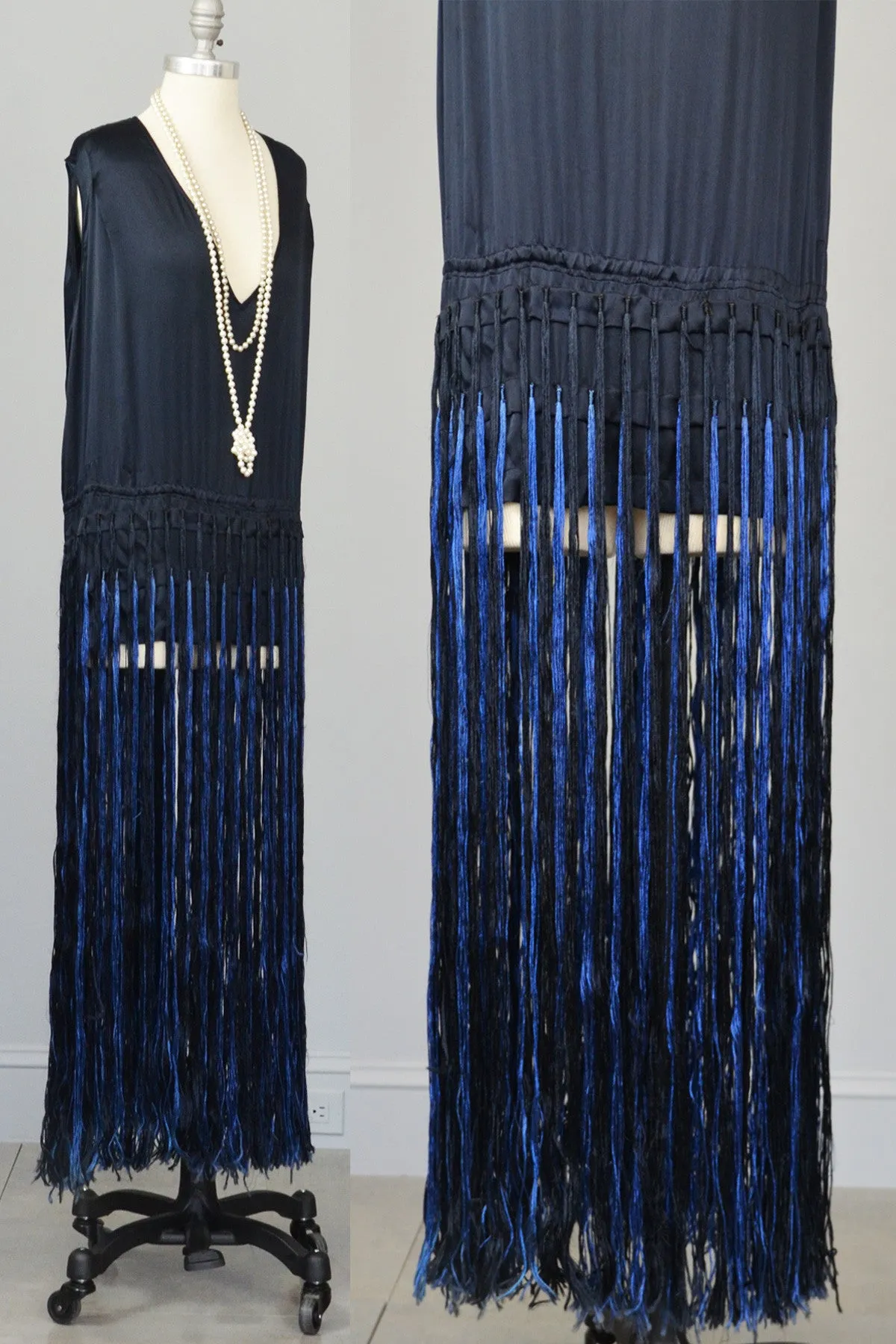 Navy Blue Satin Fringe Flapper Tunic Dress