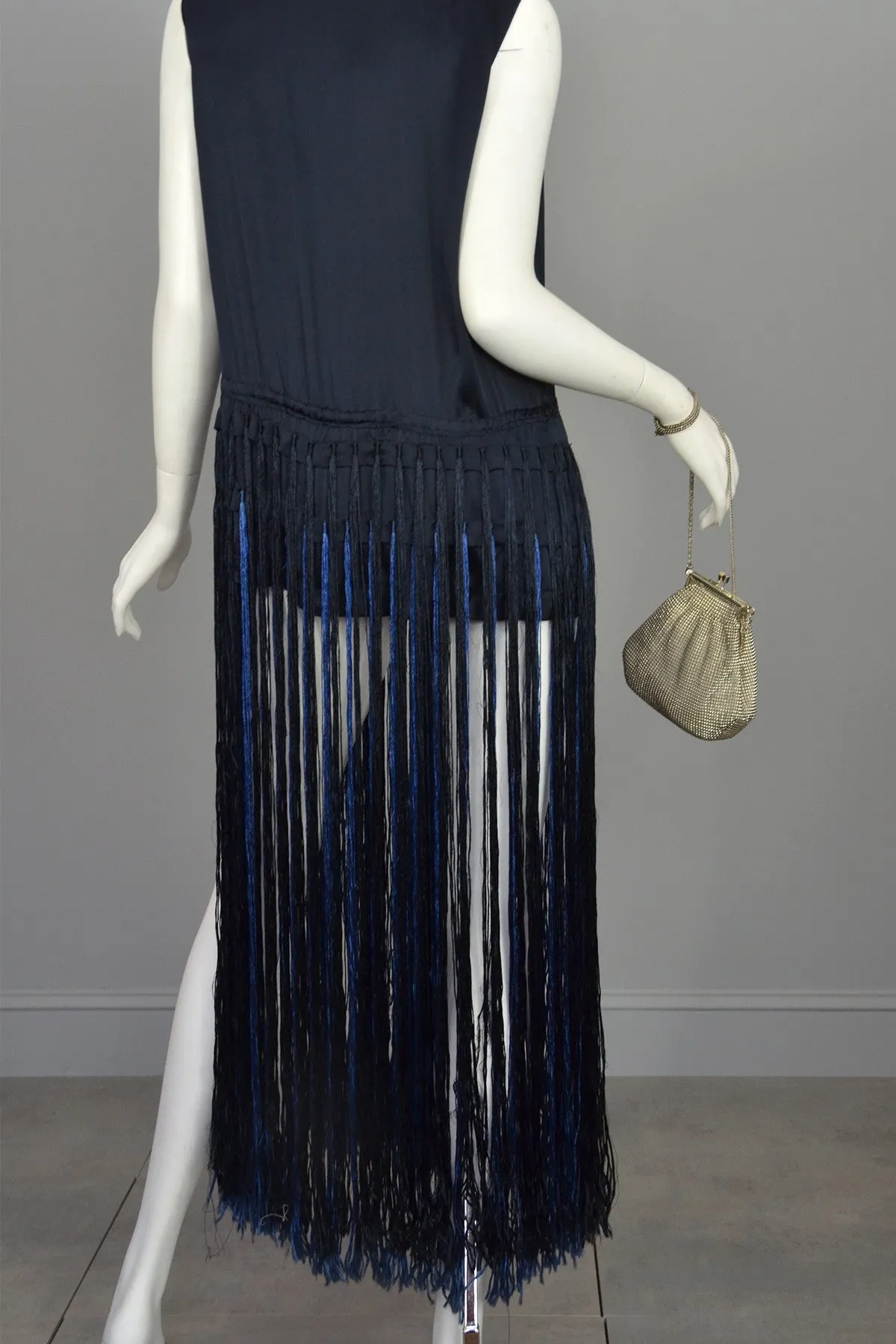 Navy Blue Satin Fringe Flapper Tunic Dress