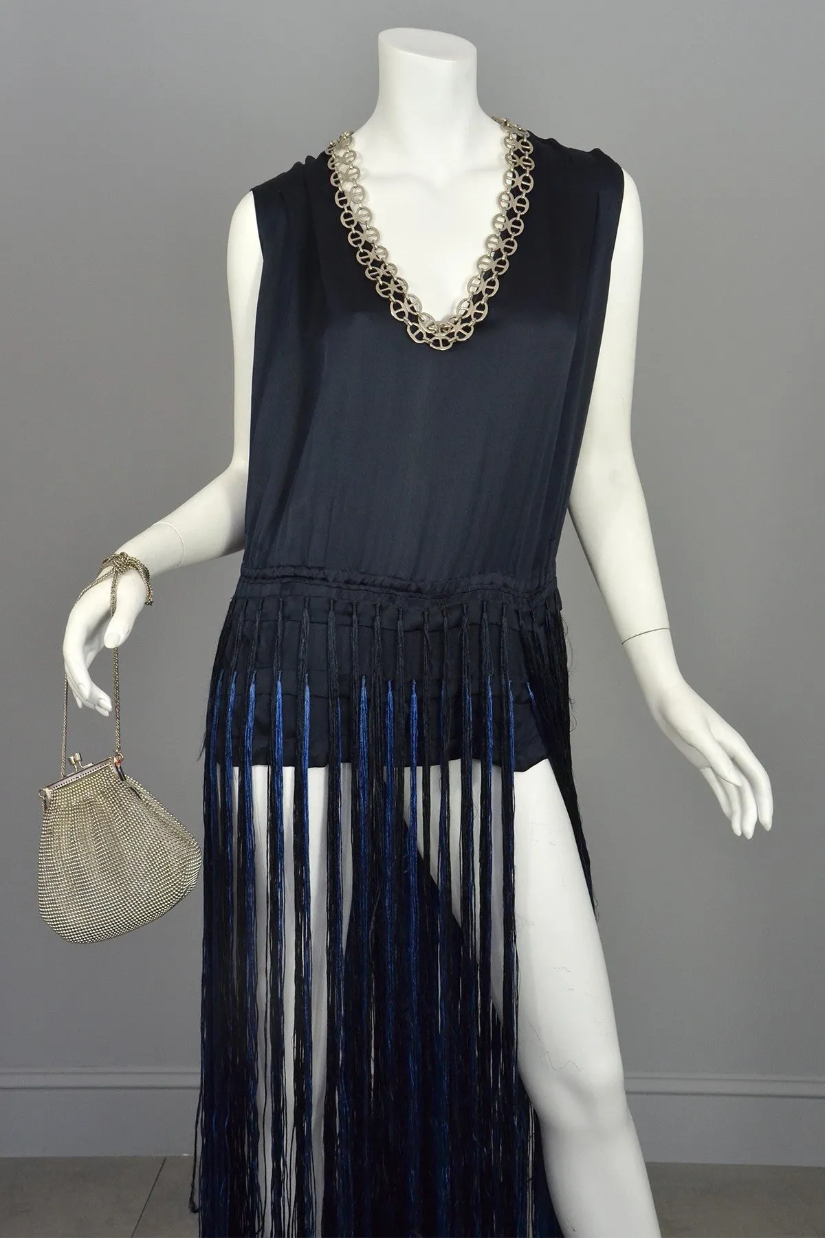 Navy Blue Satin Fringe Flapper Tunic Dress