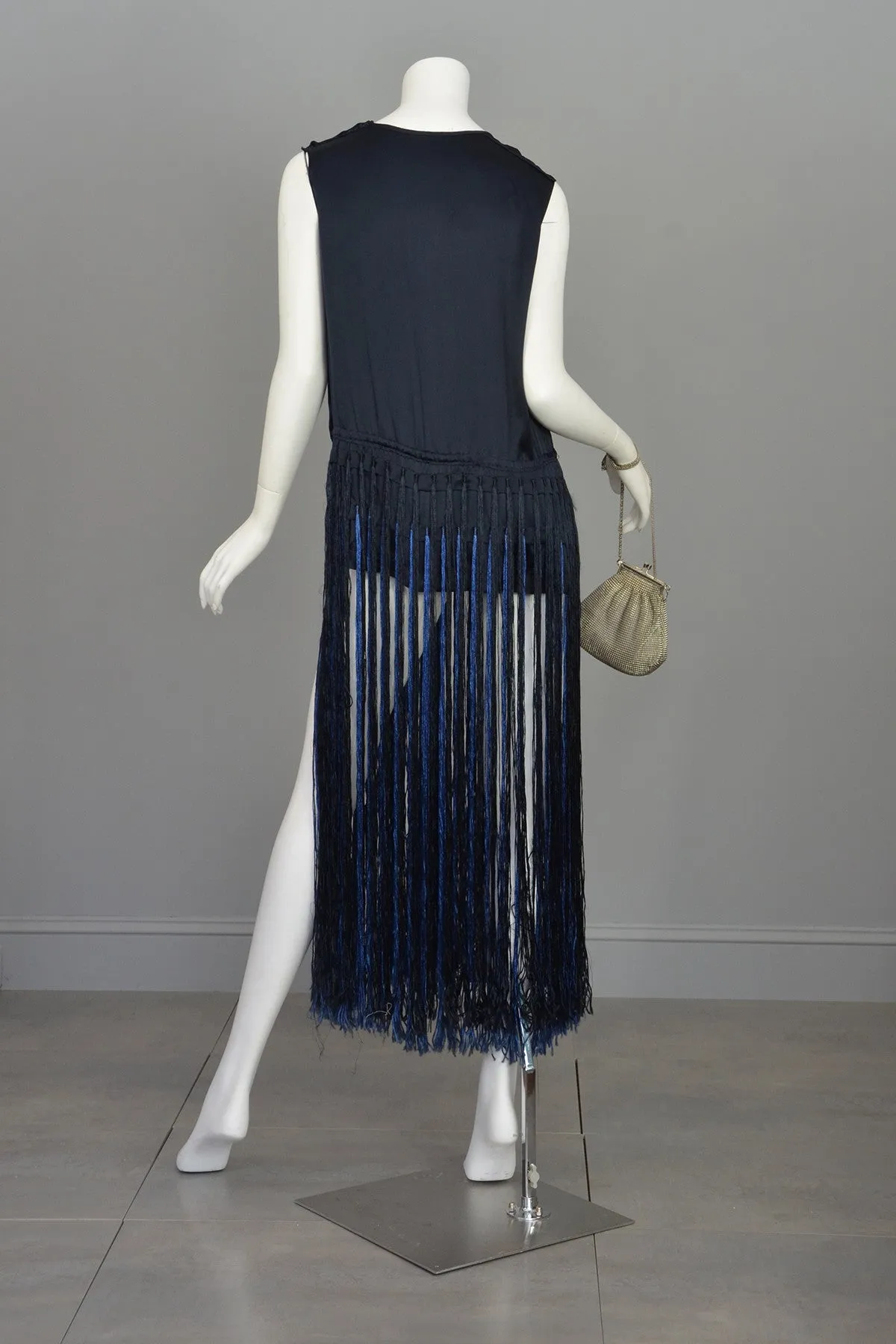 Navy Blue Satin Fringe Flapper Tunic Dress