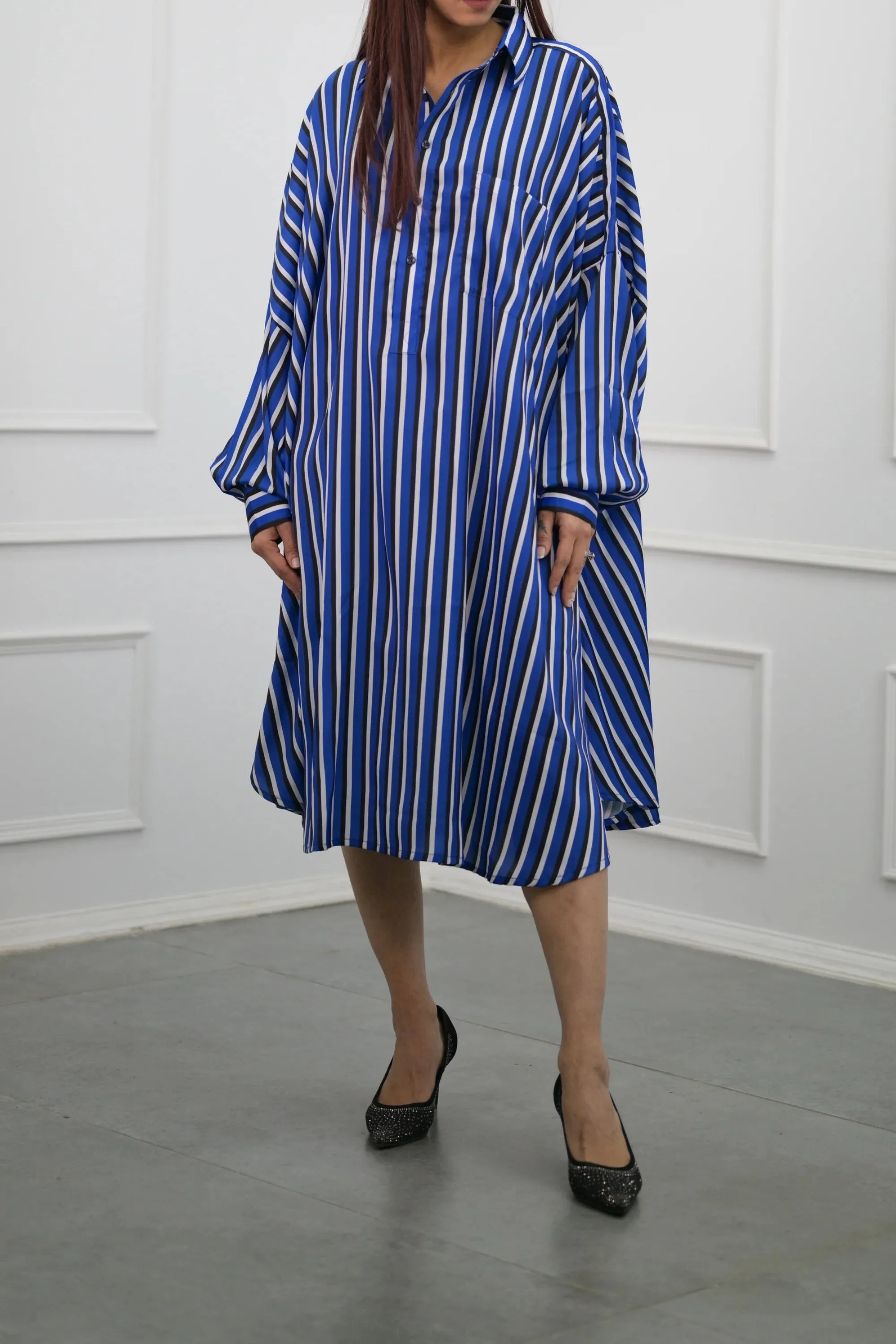 Oversized Blue Striped Shirt Dress