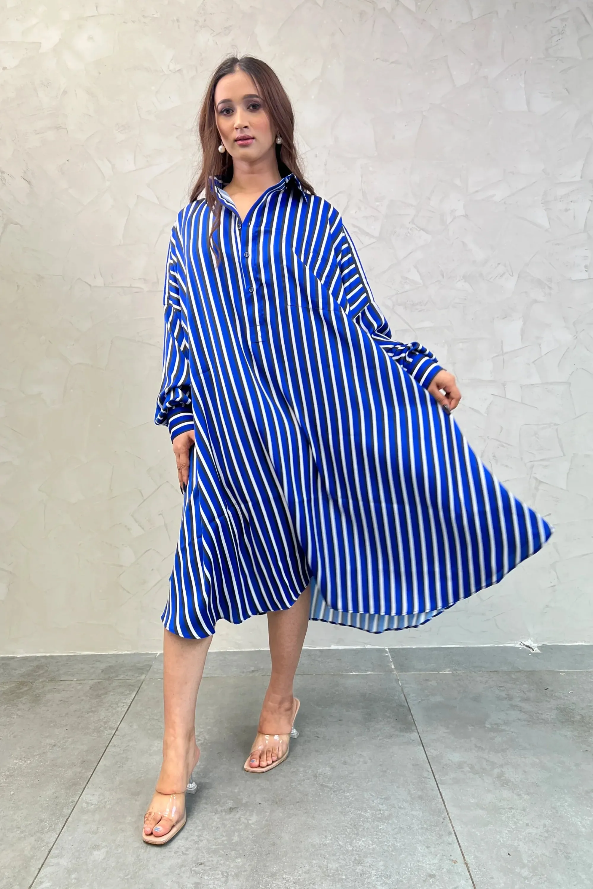 Oversized Blue Striped Shirt Dress