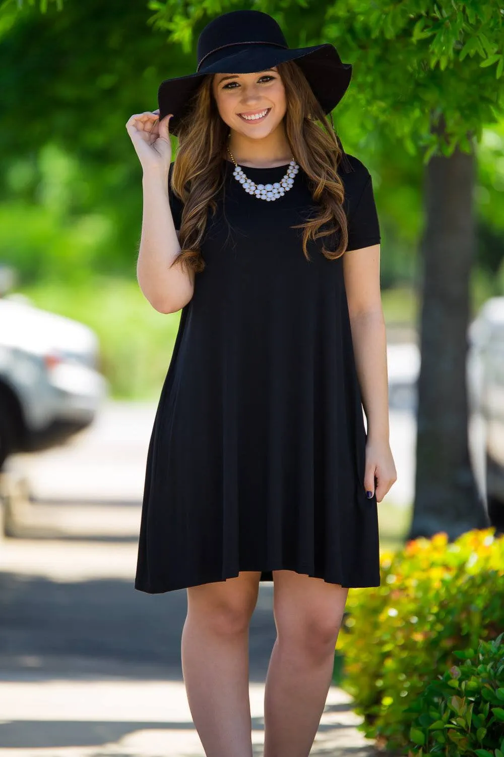 Piko Short Sleeve Swing Dress - Black