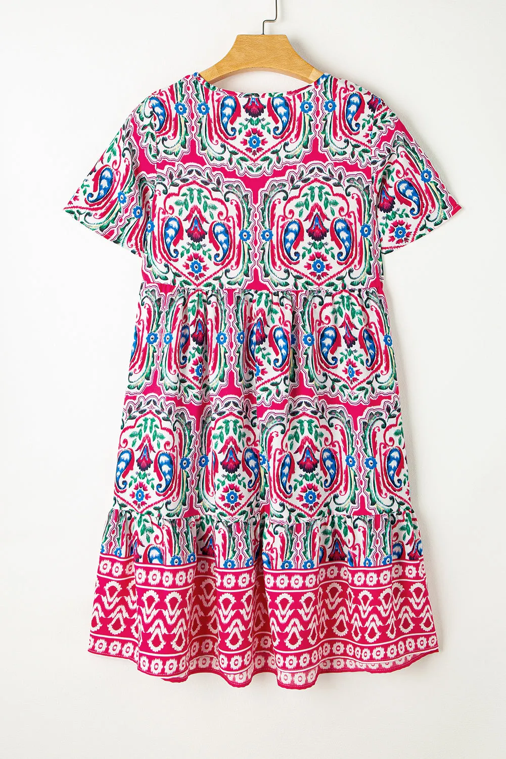 Pink Bohemian Print Tie Neck Ruffle Hem Short Dress