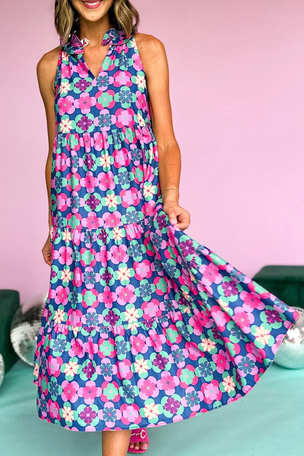 Pink Floral Print Frilly Neck Sleeveless Tiered Maxi Dress