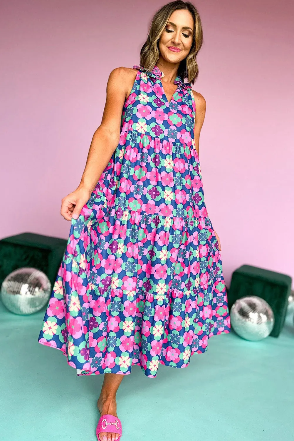 Pink Floral Print Frilly Neck Sleeveless Tiered Maxi Dress