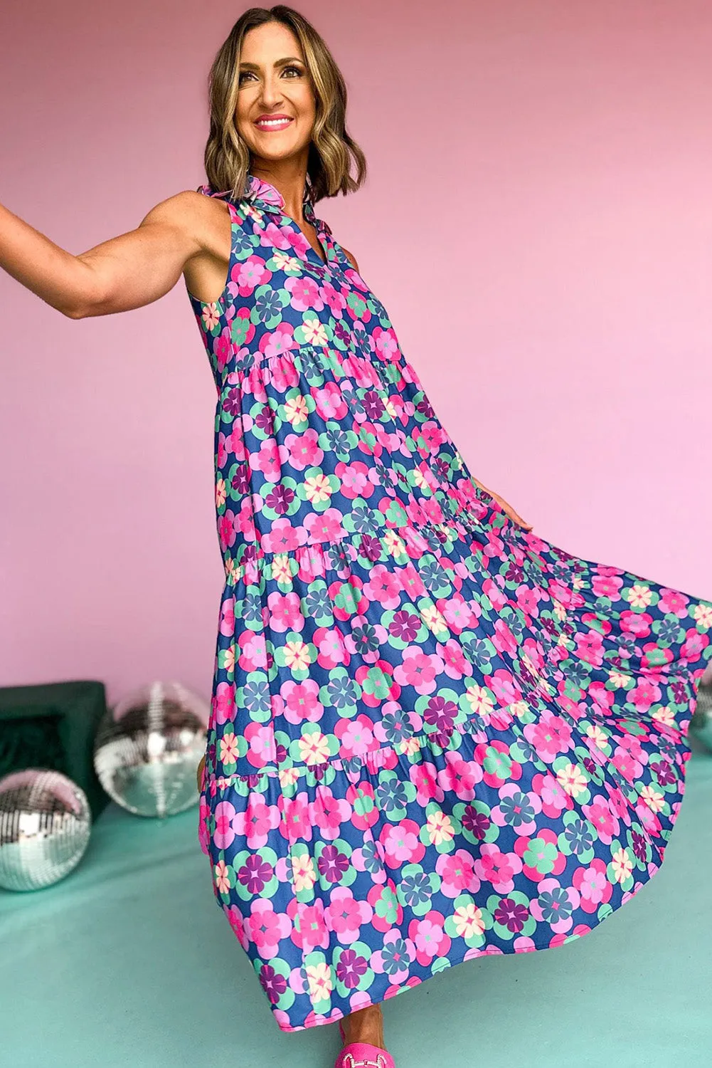 Pink Floral Print Frilly Neck Sleeveless Tiered Maxi Dress