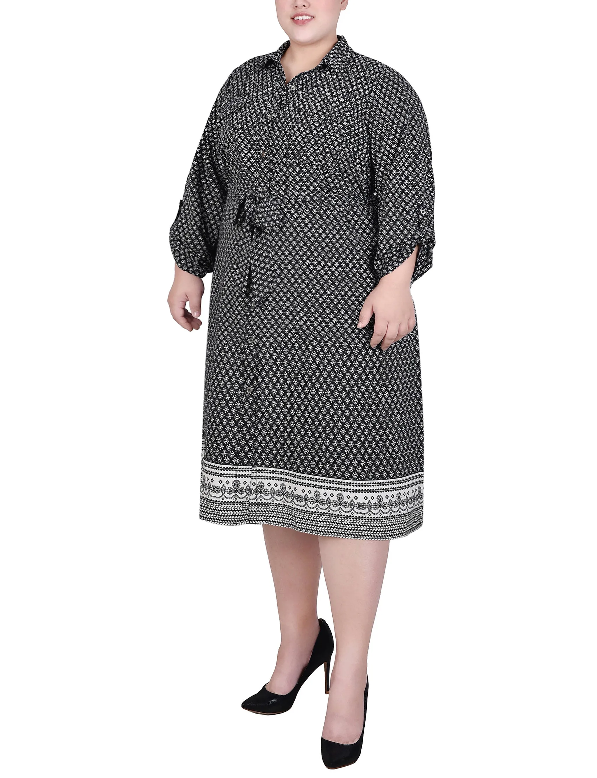 Plus Size 3/4 Roll Tab Sleeve Belted Shirtdress