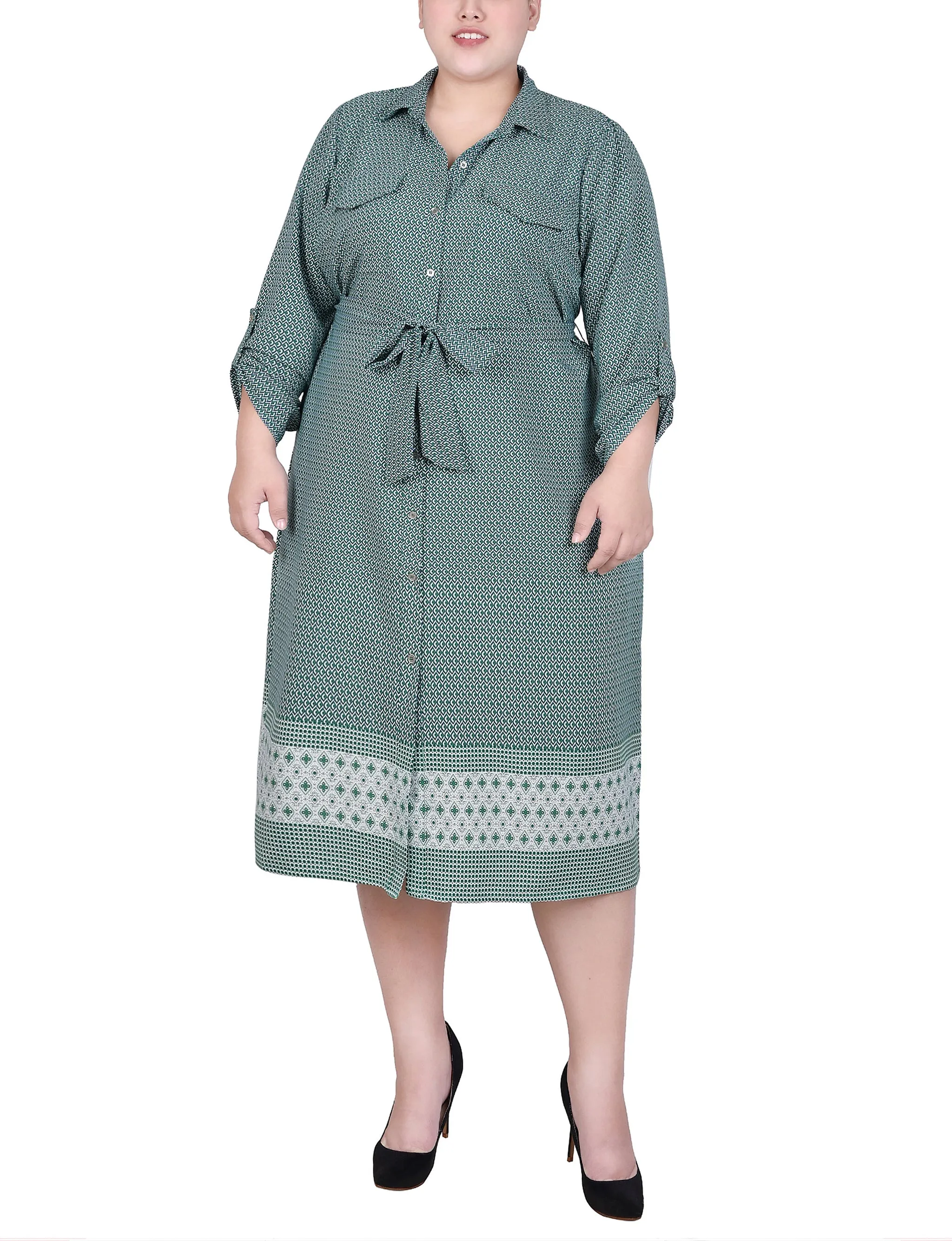 Plus Size 3/4 Roll Tab Sleeve Belted Shirtdress