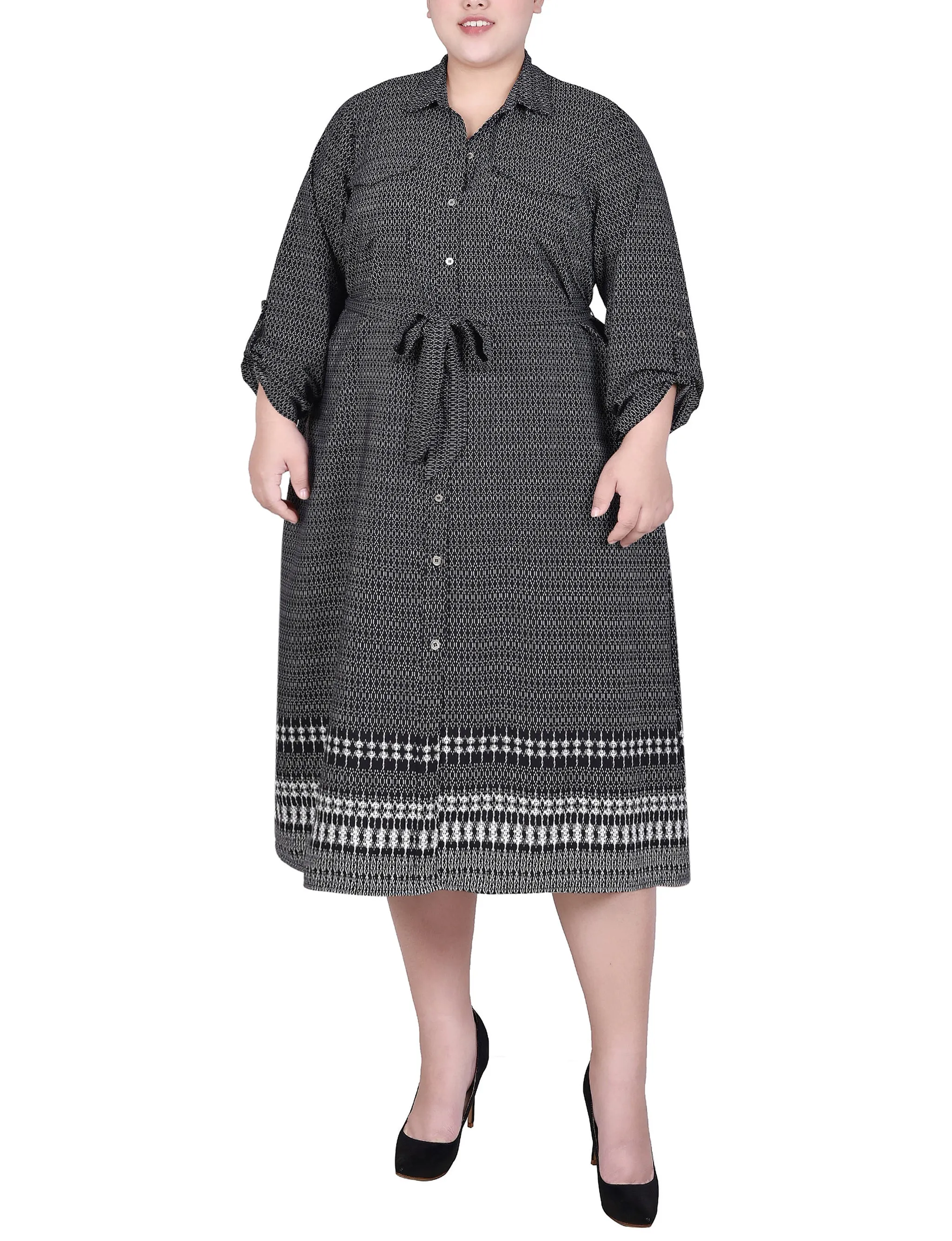 Plus Size 3/4 Roll Tab Sleeve Belted Shirtdress