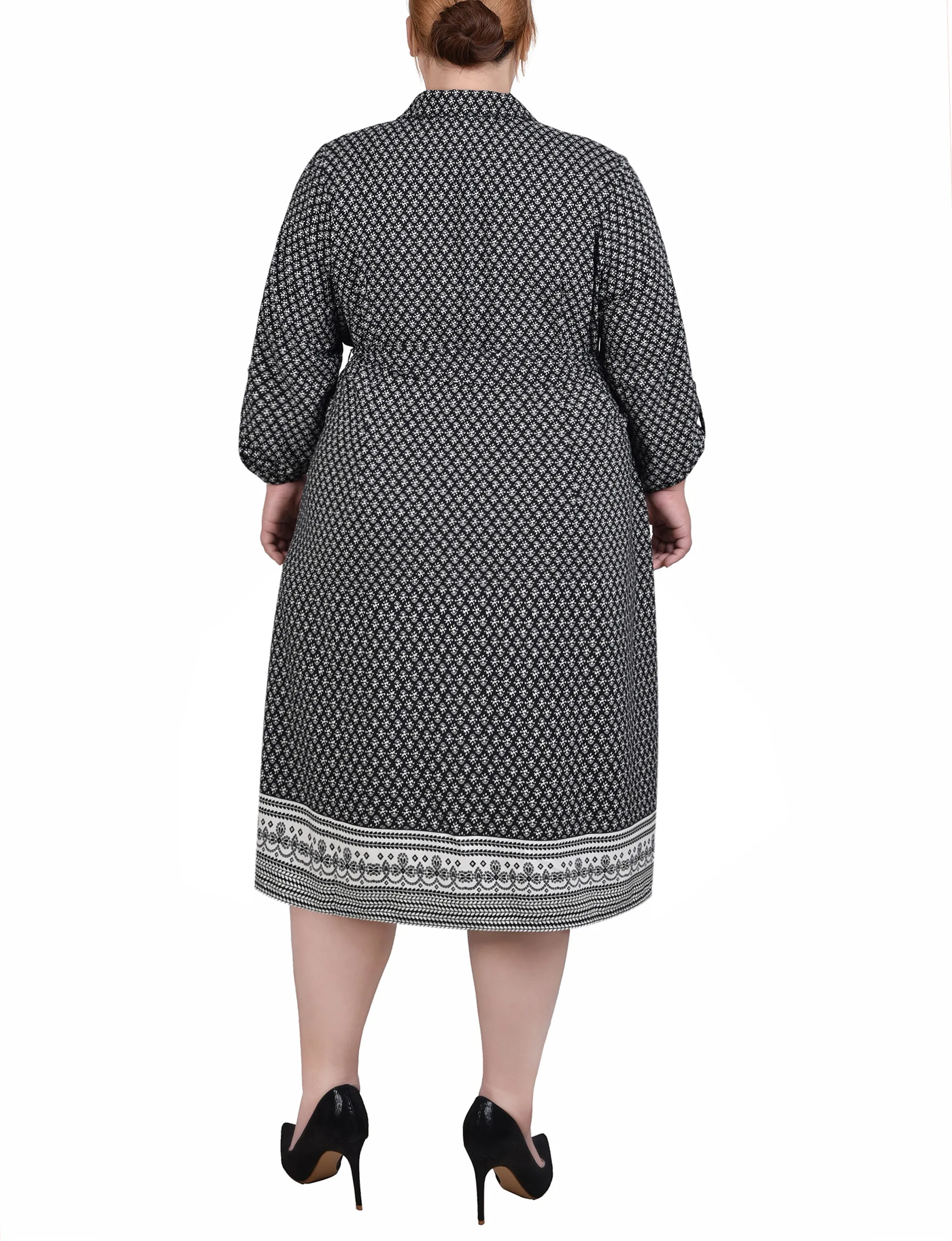 Plus Size 3/4 Roll Tab Sleeve Belted Shirtdress