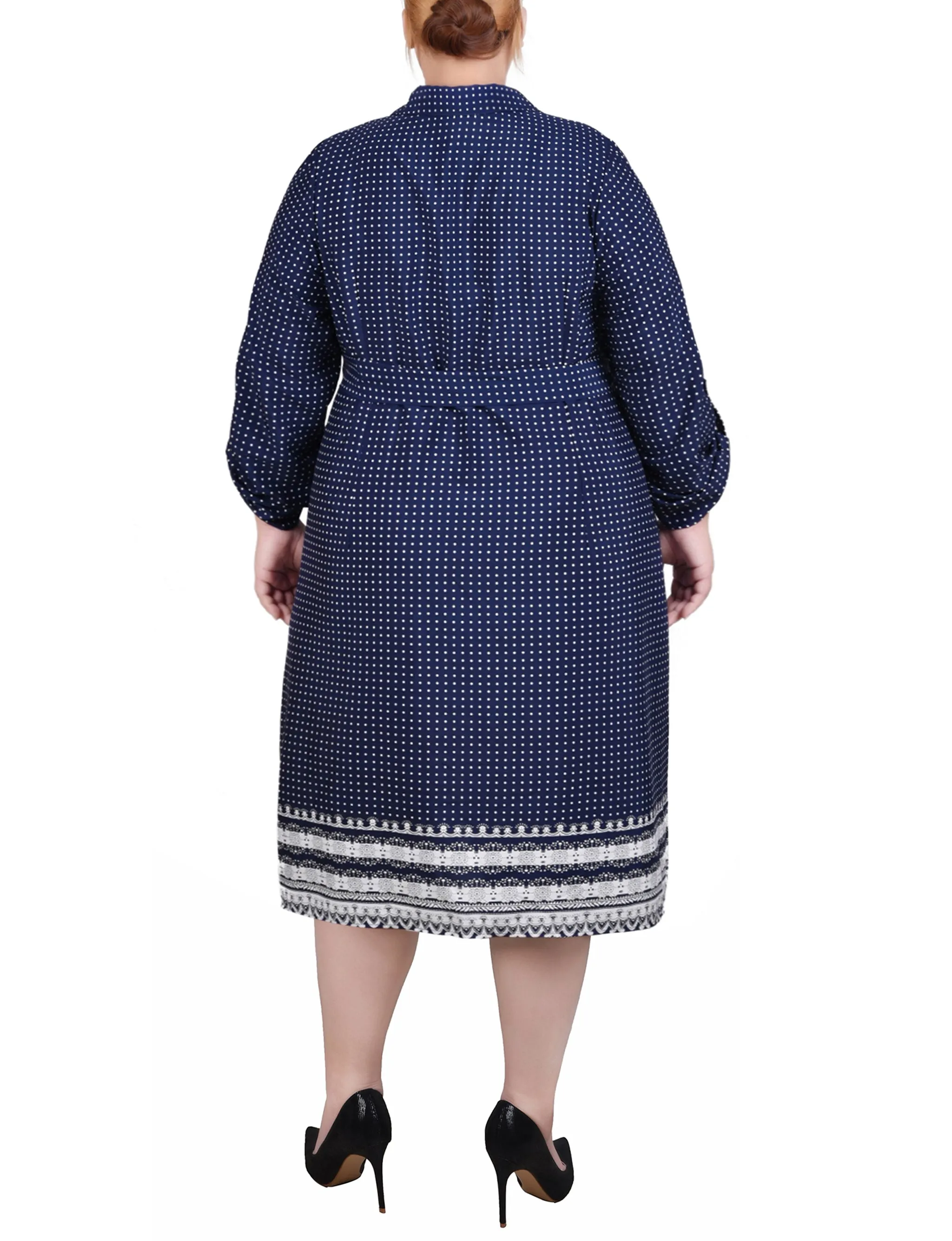 Plus Size 3/4 Roll Tab Sleeve Belted Shirtdress