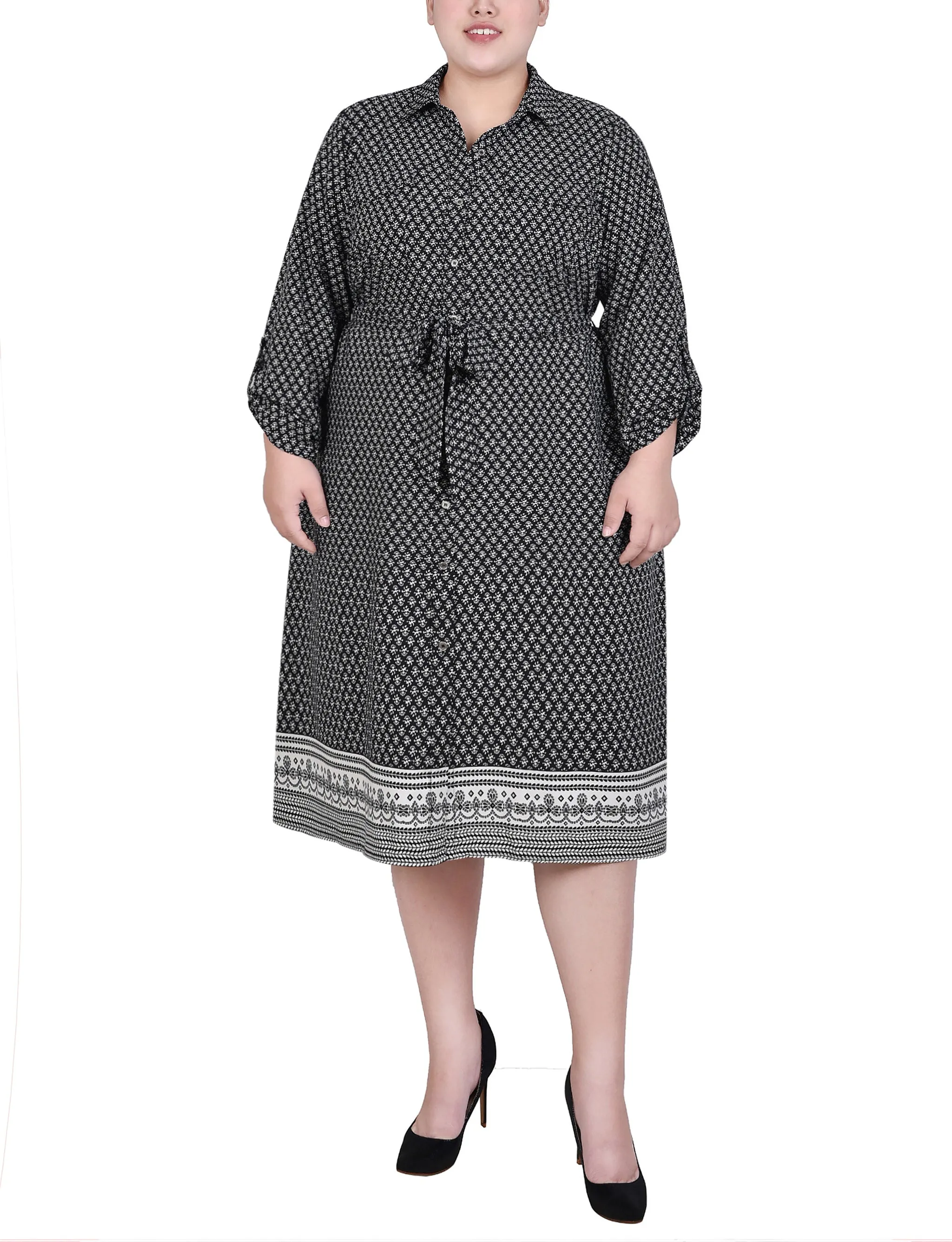 Plus Size 3/4 Roll Tab Sleeve Belted Shirtdress