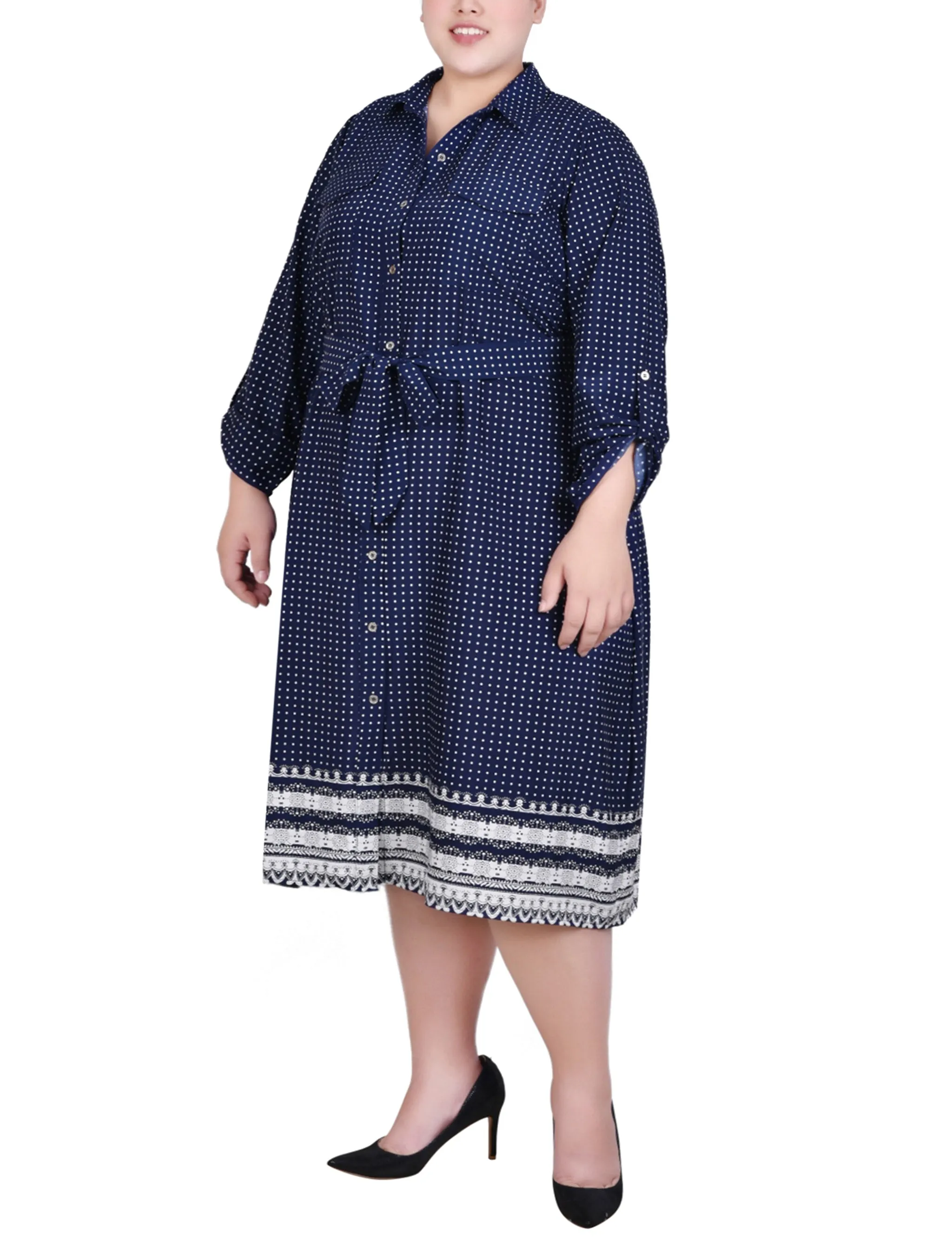 Plus Size 3/4 Roll Tab Sleeve Belted Shirtdress